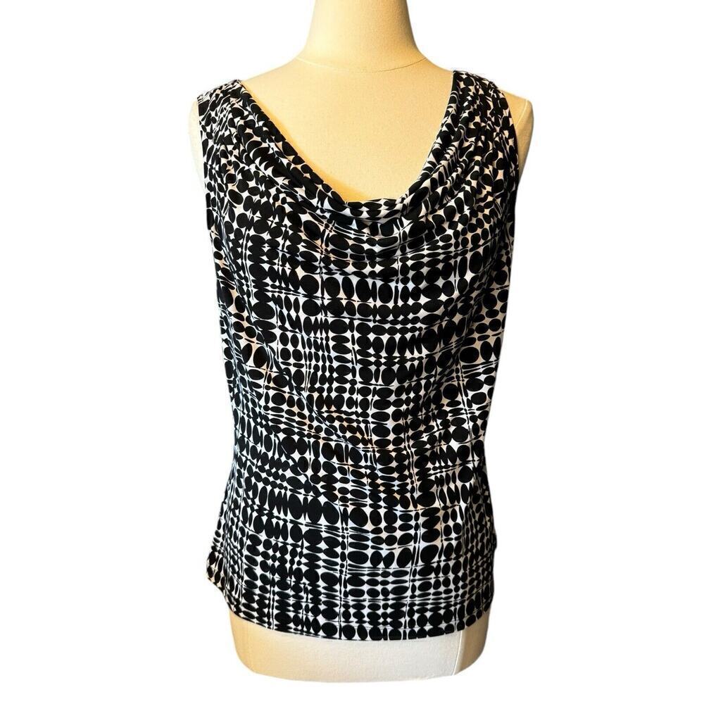 Calvin Klein Scoop Neck Large Sleeveless Blouse Black White Geometric Drape Neck